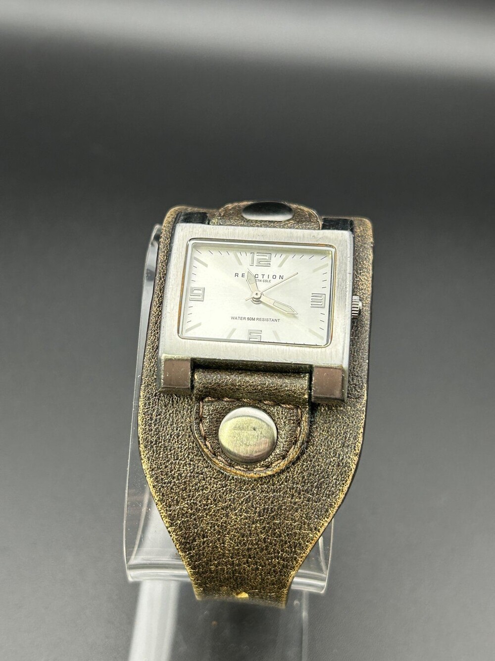 Vintage Y2K Kenneth Cole Reaction Mens Watch Wide Leather Cuff Band Working